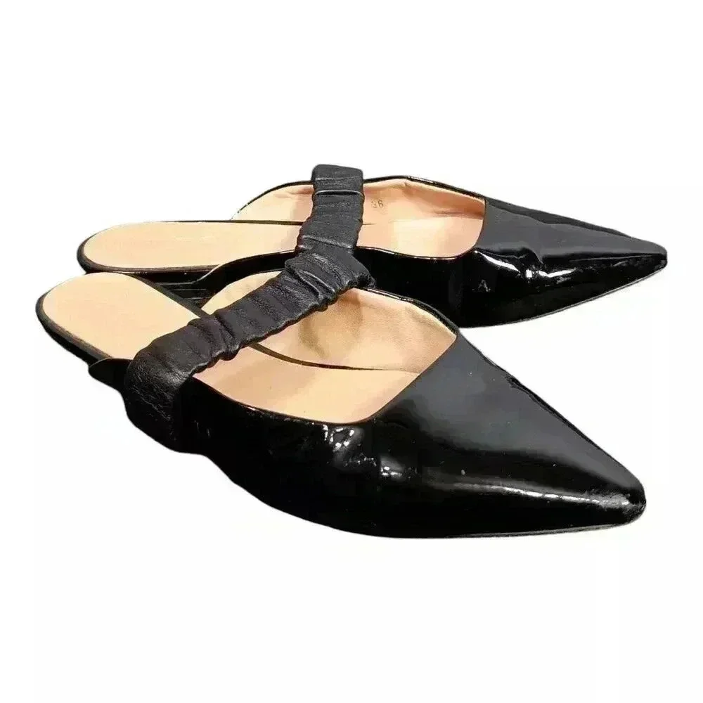 Dear Frances Slide Flats Pointed Toe Black Leather Women's 36/US 6